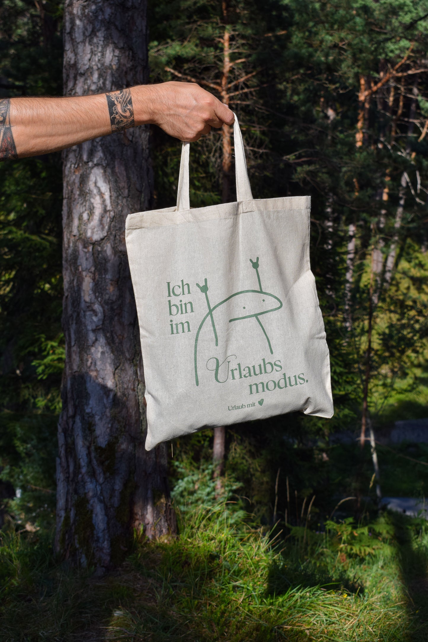 Baumwolltasche als Willkommensgeschenk für Gäste der Ferienwohnung, Aufdruck „Ich bin im Urlaubsmodus"